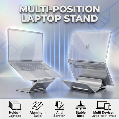 Multi-Position 4 Slot Vertical Laptop Stand, Aluminum Adjustable Dock For Up To 4 Devices, Laptop – Tablet – Phone Universal Holder, 0.5 To 1.5 Inch Thickness Hold, Anti Scratch Silicone Stable Base | Grey ~ N96