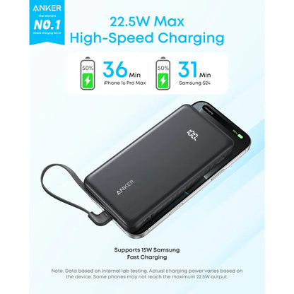 Anker Zolo 10000mAh 22.5W Fast Charging Power Bank, Built-In USB-C Cable, ActiveShield 3.0, Pass-Through Charging, USB-C & USB-A Ports | Black