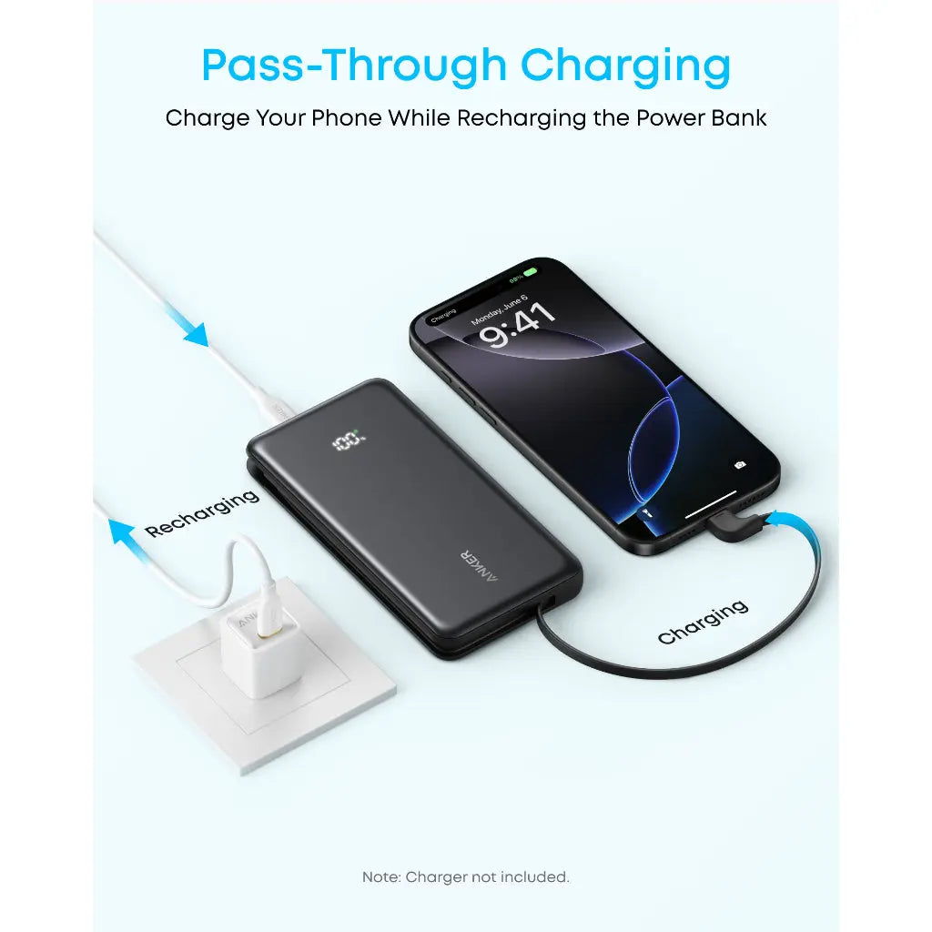 Anker Zolo 10000mAh 22.5W Fast Charging Power Bank, Built-In USB-C Cable, ActiveShield 3.0, Pass-Through Charging, USB-C & USB-A Ports | Black