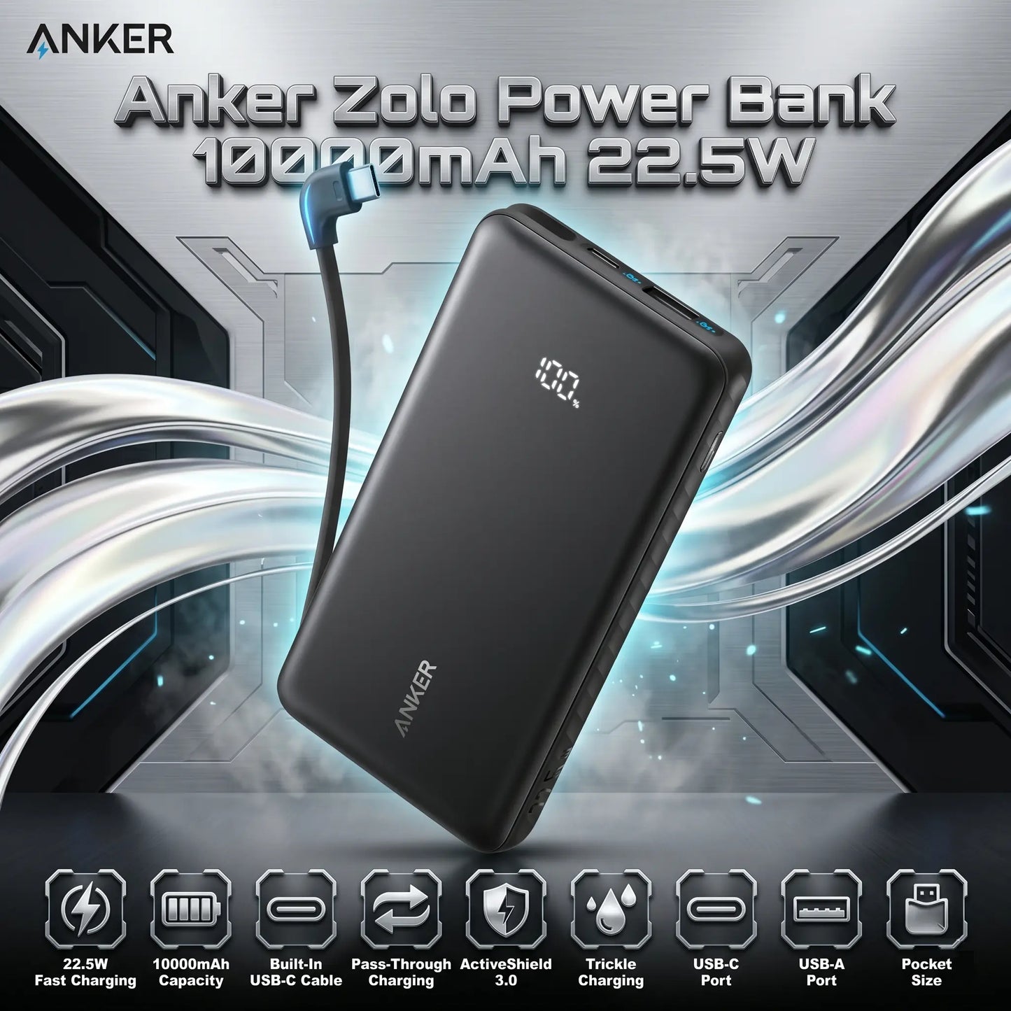 Anker Zolo 10000mAh 22.5W Fast Charging Power Bank, Built-In USB-C Cable, ActiveShield 3.0, Pass-Through Charging, USB-C & USB-A Ports | Black