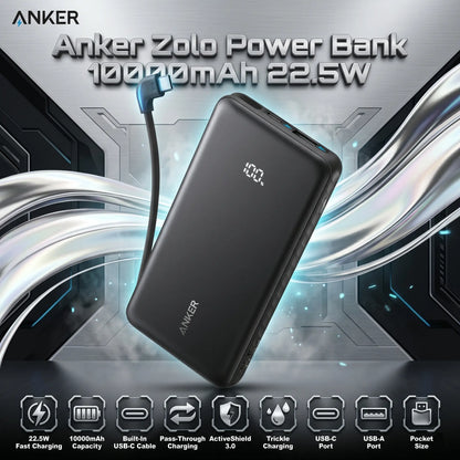 Anker Zolo 10000mAh 22.5W Fast Charging Power Bank, Built-In USB-C Cable, ActiveShield 3.0, Pass-Through Charging, USB-C & USB-A Ports | Black