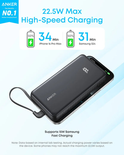 Anker Zolo 20000mAh 22.5W Fast Charging Power Bank, Built-In USB-C Cable, ActiveShield 3.0, Pass-Through Charging, USB-C & USB-A Ports | Black