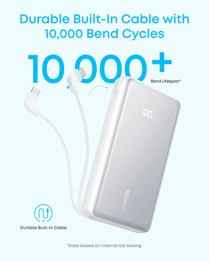 Anker Zolo 20000mAh 22.5W Fast Charging Power Bank, Built-In USB-C Cable, ActiveShield 3.0, Pass-Through Charging, USB-C & USB-A Ports | Black