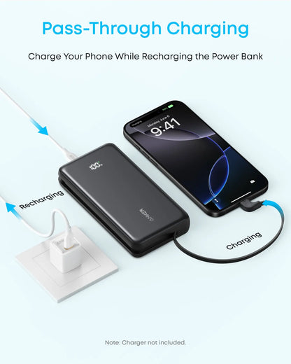 Anker Zolo 20000mAh 22.5W Fast Charging Power Bank, Built-In USB-C Cable, ActiveShield 3.0, Pass-Through Charging, USB-C & USB-A Ports | Black
