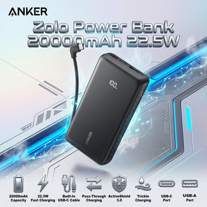 Anker Zolo 20000mAh 22.5W Fast Charging Power Bank, Built-In USB-C Cable, ActiveShield 3.0, Pass-Through Charging, USB-C & USB-A Ports | Black