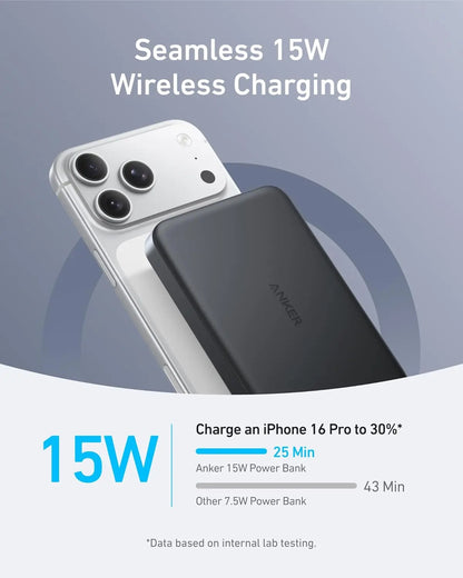 Anker MagGo 10,000mAh Ultra-Slim Qi2 Magnetic Power Bank, 15W MagSafe Wireless Charging, 30W USB-C PD Fast Charging, ActiveShield Safety, For iPhone 17/16/15/14 | BLACK