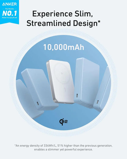 Anker MagGo 10,000mAh Ultra-Slim Qi2 Magnetic Power Bank, 15W MagSafe Wireless Charging, 30W USB-C PD Fast Charging, ActiveShield Safety, For iPhone 17/16/15/14 | WHITE SILVER