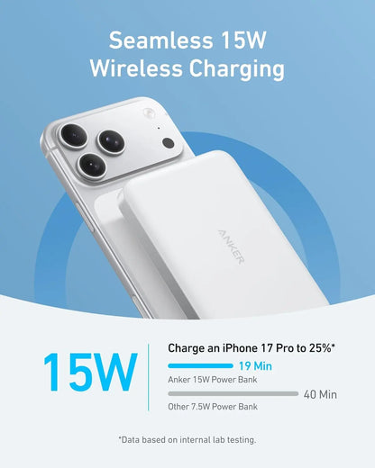Anker MagGo 10,000mAh Ultra-Slim Qi2 Magnetic Power Bank, 15W MagSafe Wireless Charging, 30W USB-C PD Fast Charging, ActiveShield Safety, For iPhone 17/16/15/14 | WHITE SILVER