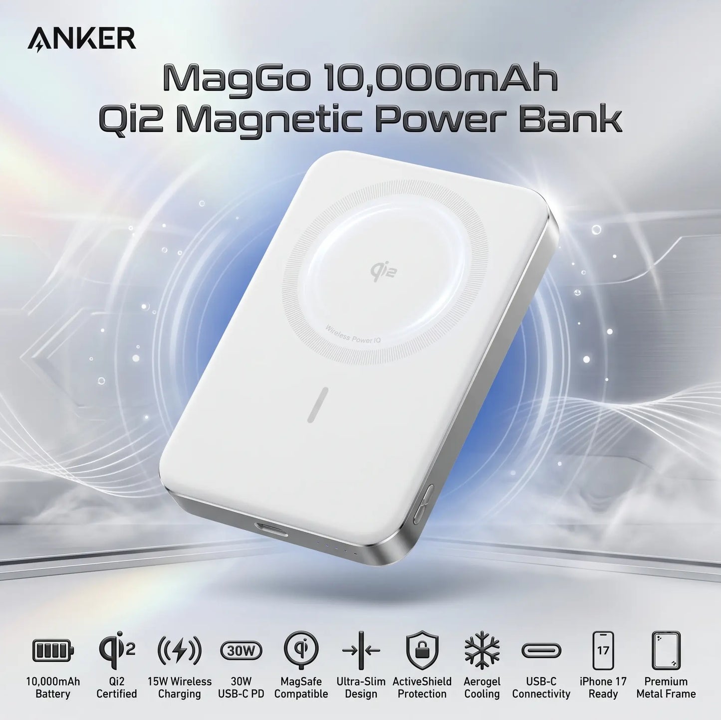 Anker MagGo 10,000mAh Ultra-Slim Qi2 Magnetic Power Bank, 15W MagSafe Wireless Charging, 30W USB-C PD Fast Charging, ActiveShield Safety, For iPhone 17/16/15/14 | WHITE SILVER