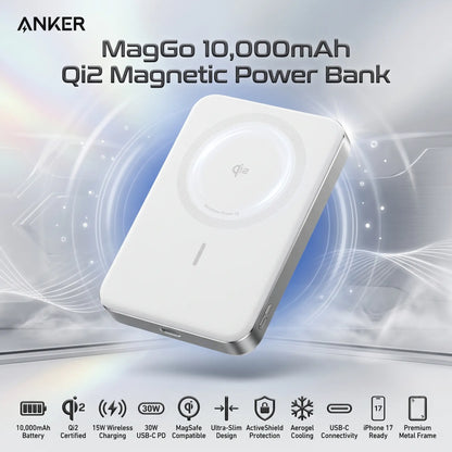 Anker MagGo 10,000mAh Ultra-Slim Qi2 Magnetic Power Bank, 15W MagSafe Wireless Charging, 30W USB-C PD Fast Charging, ActiveShield Safety, For iPhone 17/16/15/14 | WHITE SILVER