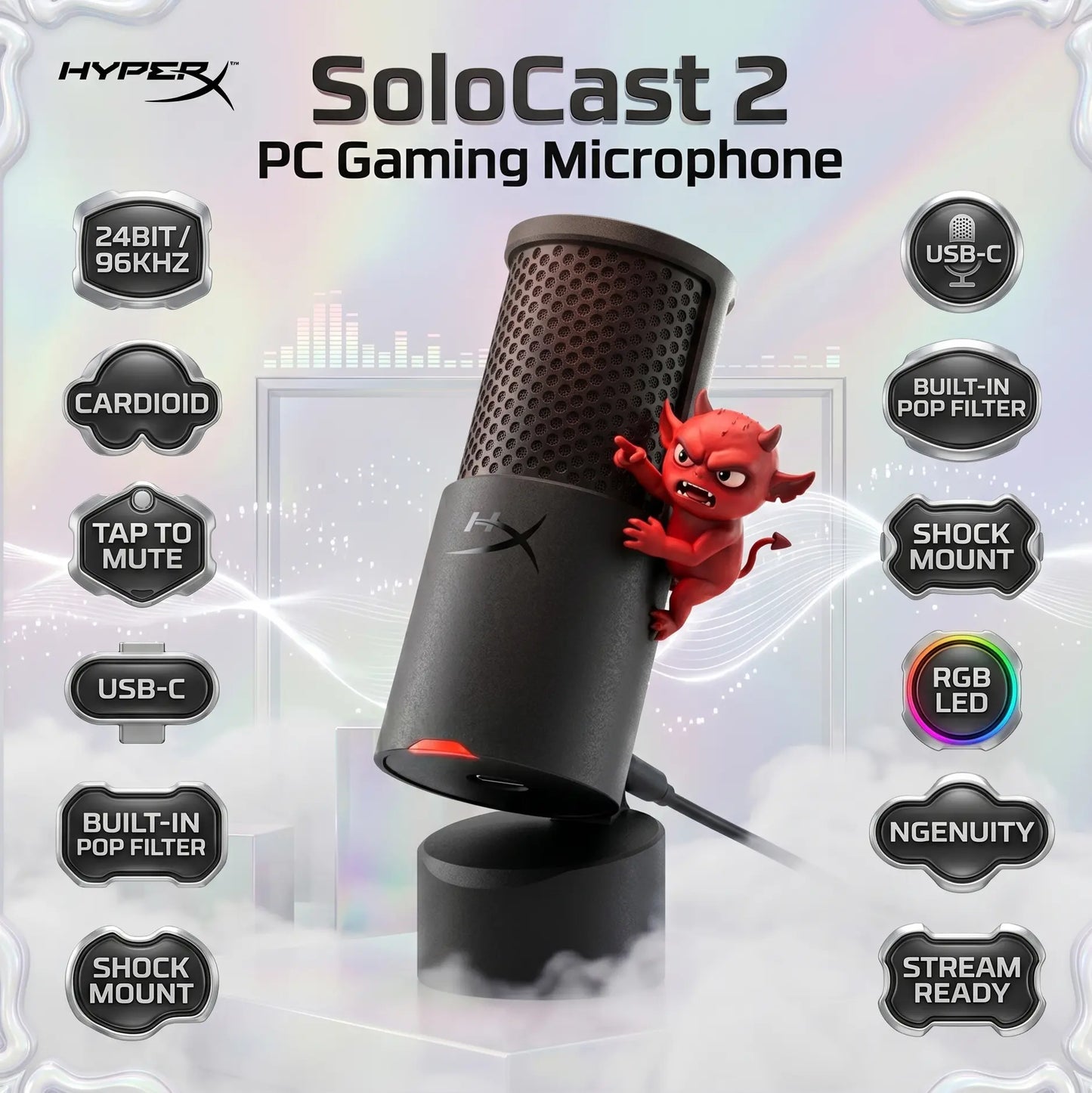 HyperX SoloCast 2 USB Gaming Microphone, 24-Bit 96kHz Condenser Mic, Cardioid Pattern, Tap-To-Mute, USB-C, Built-In Shock Mount & Pop Filter For PC