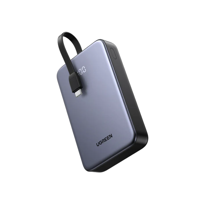 UGREEN 20000mAh 22.5W Fast Charging Power Bank, Integrated USB-C Cable, 20W PD3.0, Triple Device Charging, LED Display, Compact Gray Design | PB505 – 45762