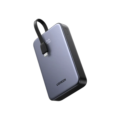 UGREEN 20000mAh 22.5W Fast Charging Power Bank, Integrated USB-C Cable, 20W PD3.0, Triple Device Charging, LED Display, Compact Gray Design | PB505 – 45762