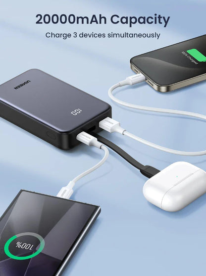 UGREEN 20000mAh 22.5W Fast Charging Power Bank, Integrated USB-C Cable, 20W PD3.0, Triple Device Charging, LED Display, Compact Gray Design | PB505 – 45762