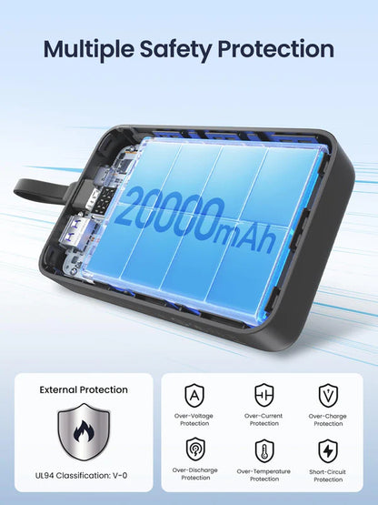 UGREEN 20000mAh 22.5W Fast Charging Power Bank, Integrated USB-C Cable, 20W PD3.0, Triple Device Charging, LED Display, Compact Gray Design | PB505 – 45762