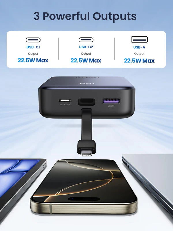 UGREEN 20000mAh 22.5W Fast Charging Power Bank, Integrated USB-C Cable, 20W PD3.0, Triple Device Charging, LED Display, Compact Gray Design | PB505 – 45762