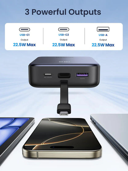 UGREEN 20000mAh 22.5W Fast Charging Power Bank, Integrated USB-C Cable, 20W PD3.0, Triple Device Charging, LED Display, Compact Gray Design | PB505 – 45762