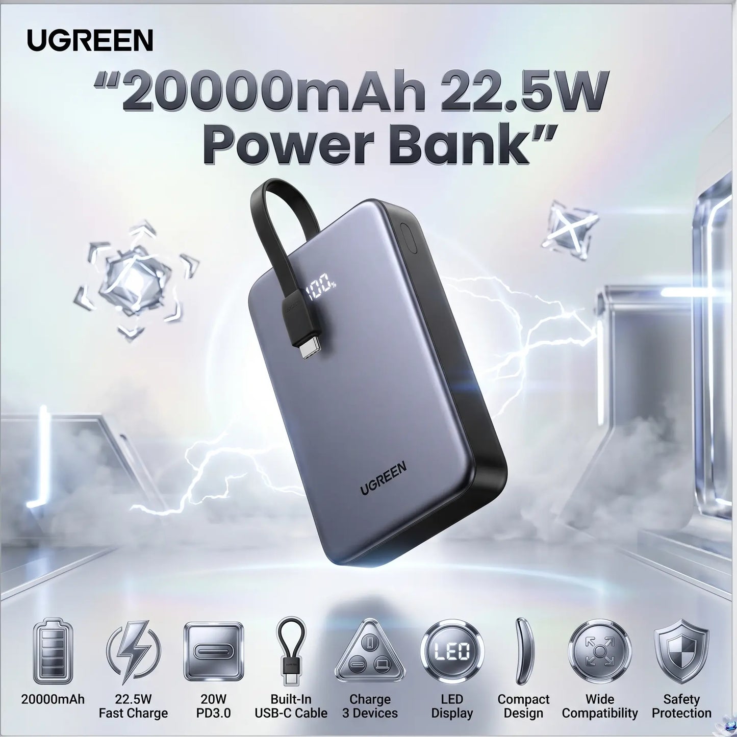 UGREEN 20000mAh 22.5W Fast Charging Power Bank, Integrated USB-C Cable, 20W PD3.0, Triple Device Charging, LED Display, Compact Gray Design | PB505 – 45762