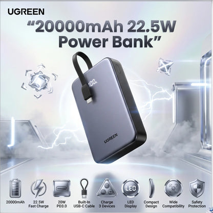 UGREEN 20000mAh 22.5W Fast Charging Power Bank, Integrated USB-C Cable, 20W PD3.0, Triple Device Charging, LED Display, Compact Gray Design | PB505 – 45762