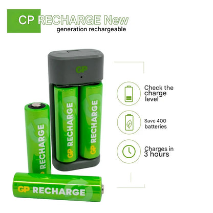 GP Recharge E221 USB Battery Charger Kit | 2-Slot AA/AAA NiMH Charger | Includes 2x AA 1000mAh & 2x AAA 400mAh Rechargeable Batteries | USB Powered