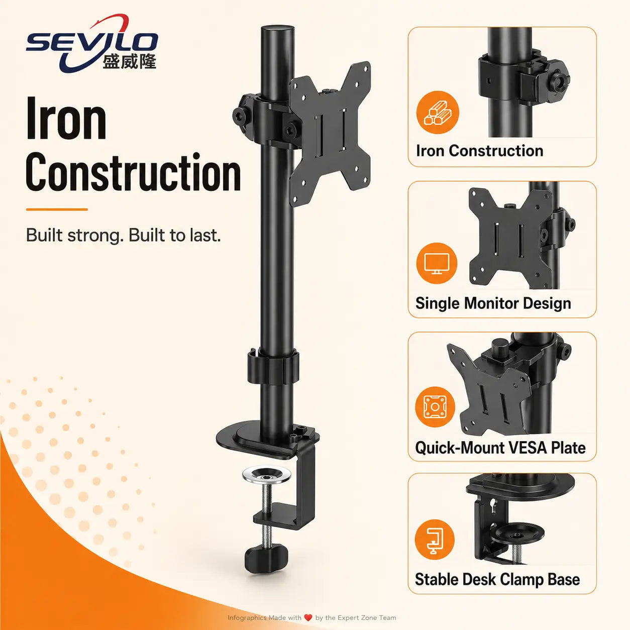 SEVILO HARDWARE Single Monitor Desk Mount Stand for 17–27 Inch Displays, 10kg Load, 180° Swivel, 360° Pivot, VESA 50×50–100×100mm