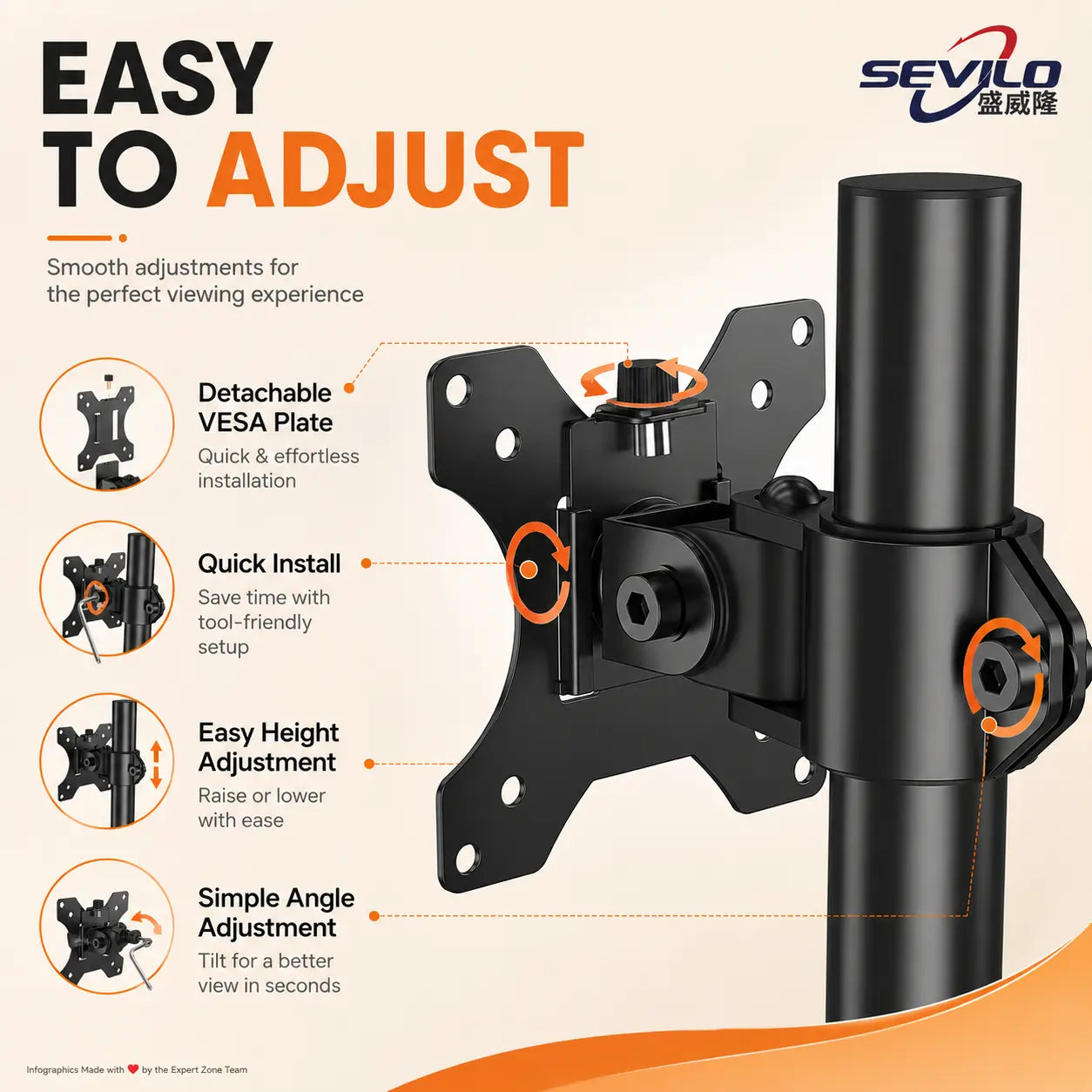 SEVILO HARDWARE Single Monitor Desk Mount Stand for 17–27 Inch Displays, 10kg Load, 180° Swivel, 360° Pivot, VESA 50×50–100×100mm