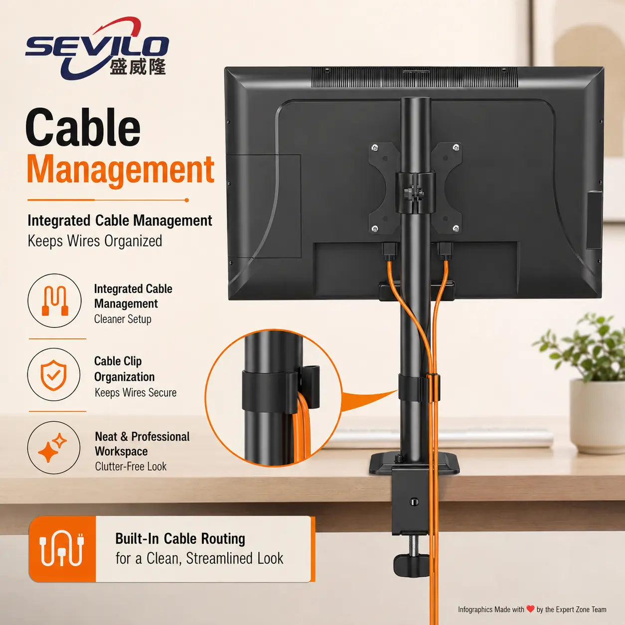 SEVILO HARDWARE Single Monitor Desk Mount Stand for 17–27 Inch Displays, 10kg Load, 180° Swivel, 360° Pivot, VESA 50×50–100×100mm