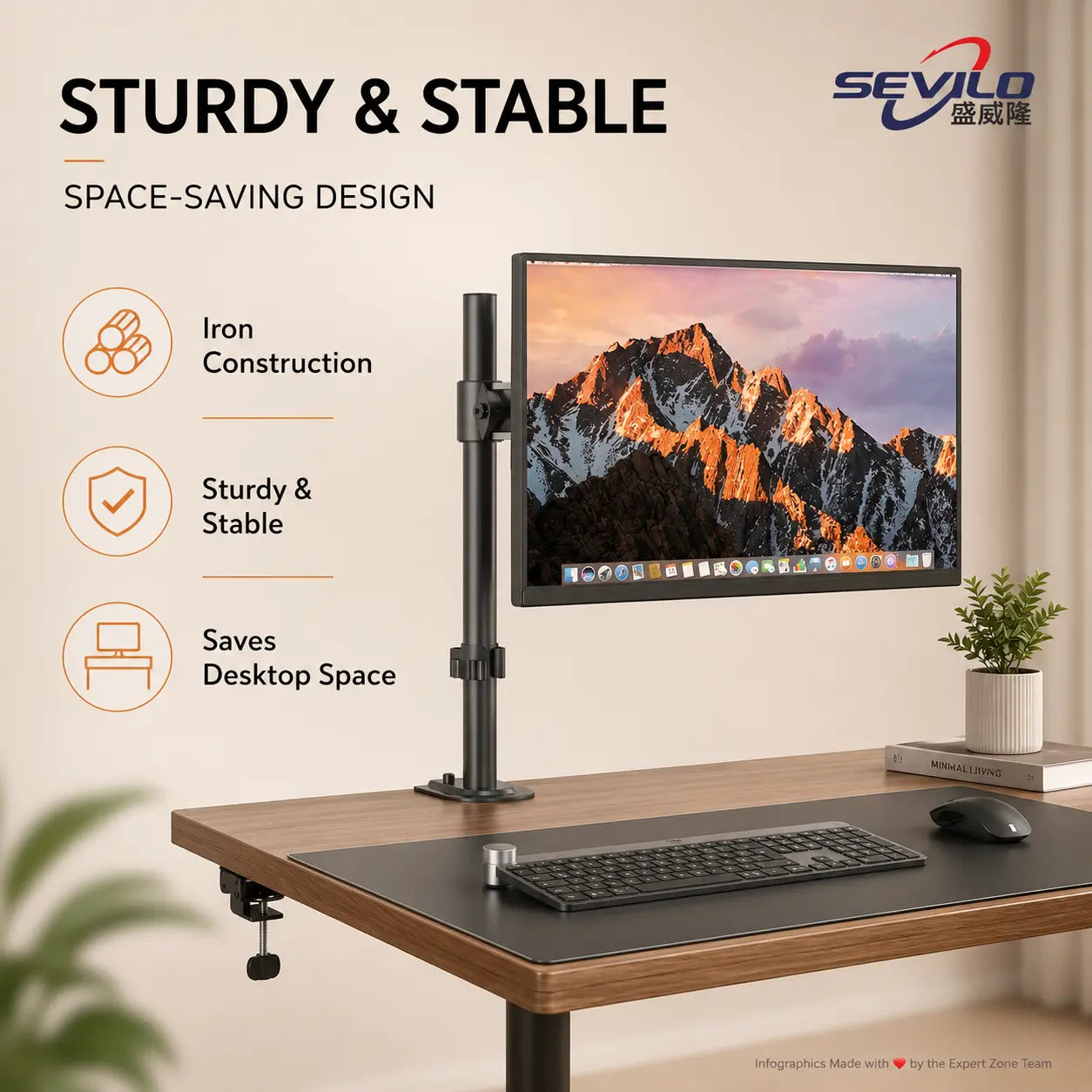 SEVILO HARDWARE Single Monitor Desk Mount Stand for 17–27 Inch Displays, 10kg Load, 180° Swivel, 360° Pivot, VESA 50×50–100×100mm