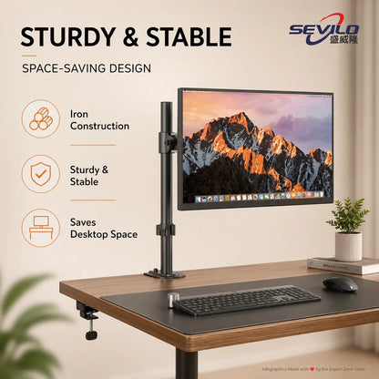 SEVILO HARDWARE Single Monitor Desk Mount Stand for 17–27 Inch Displays, 10kg Load, 180° Swivel, 360° Pivot, VESA 50×50–100×100mm