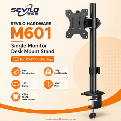SEVILO HARDWARE Single Monitor Desk Mount Stand for 17–27 Inch Displays, 10kg Load, 180° Swivel, 360° Pivot, VESA 50×50–100×100mm