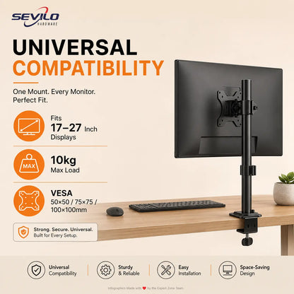SEVILO HARDWARE Single Monitor Desk Mount Stand for 17–27 Inch Displays, 10kg Load, 180° Swivel, 360° Pivot, VESA 50×50–100×100mm