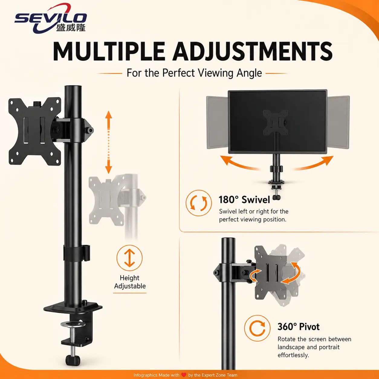 SEVILO HARDWARE Single Monitor Desk Mount Stand for 17–27 Inch Displays, 10kg Load, 180° Swivel, 360° Pivot, VESA 50×50–100×100mm