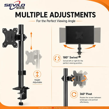 SEVILO HARDWARE Single Monitor Desk Mount Stand for 17–27 Inch Displays, 10kg Load, 180° Swivel, 360° Pivot, VESA 50×50–100×100mm