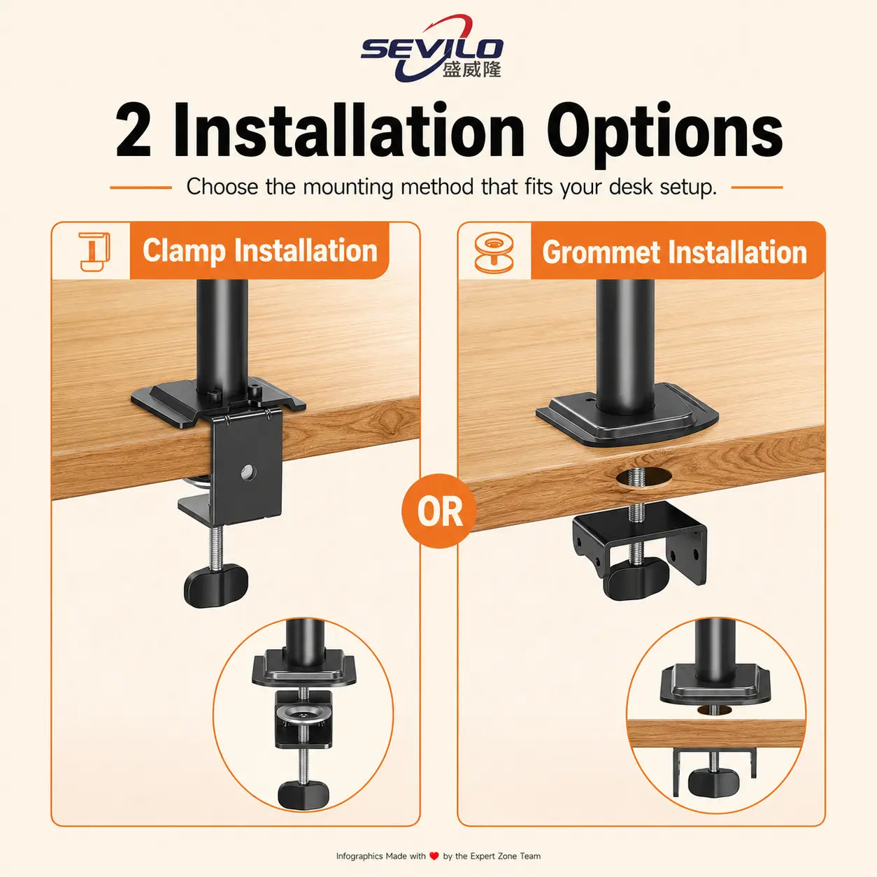 SEVILO HARDWARE Single Monitor Desk Mount Stand for 17–27 Inch Displays, 10kg Load, 180° Swivel, 360° Pivot, VESA 50×50–100×100mm