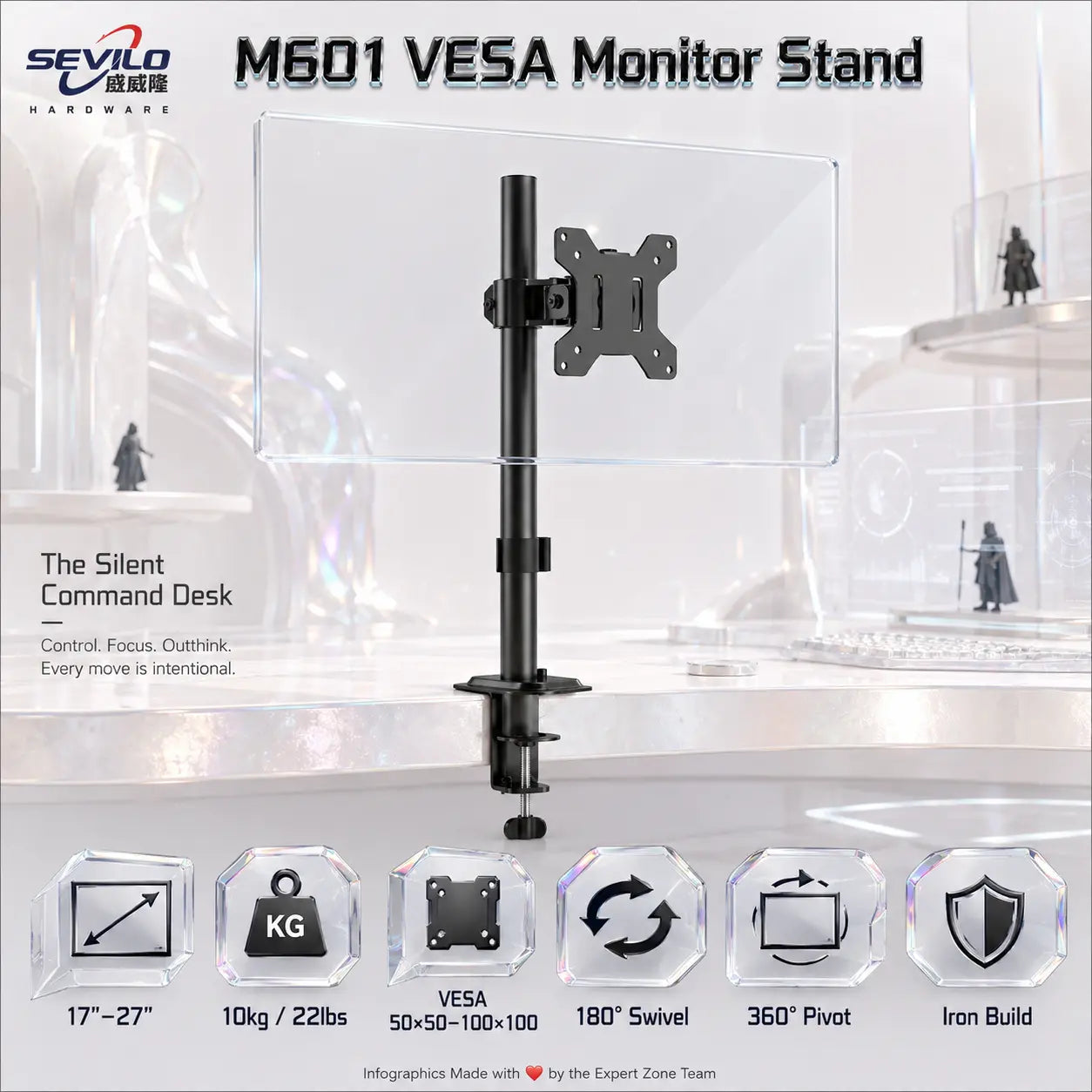 SEVILO HARDWARE Single Monitor Desk Mount Stand for 17–27 Inch Displays, 10kg Load, 180° Swivel, 360° Pivot, VESA 50×50–100×100mm