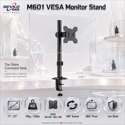 SEVILO HARDWARE Single Monitor Desk Mount Stand for 17–27 Inch Displays, 10kg Load, 180° Swivel, 360° Pivot, VESA 50×50–100×100mm