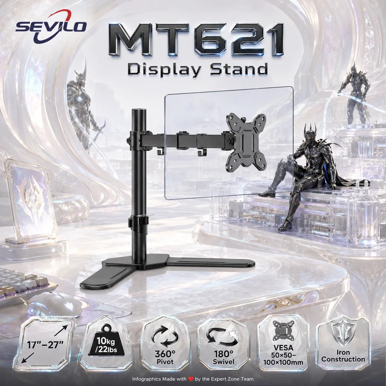 SEVILO HARDWARE Single Monitor Desktop Stand for 17–27 Inch Displays, 10kg Load, 180° Swivel, 360° Pivot, VESA 50×50–100×100mm, Iron
