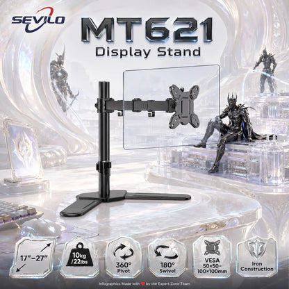 SEVILO HARDWARE Single Monitor Desktop Stand for 17–27 Inch Displays, 10kg Load, 180° Swivel, 360° Pivot, VESA 50×50–100×100mm, Iron