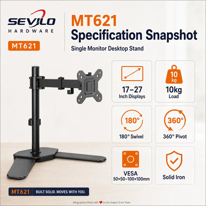 SEVILO HARDWARE Single Monitor Desktop Stand for 17–27 Inch Displays, 10kg Load, 180° Swivel, 360° Pivot, VESA 50×50–100×100mm, Iron