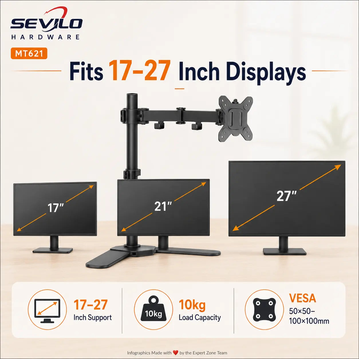 SEVILO HARDWARE Single Monitor Desktop Stand for 17–27 Inch Displays, 10kg Load, 180° Swivel, 360° Pivot, VESA 50×50–100×100mm, Iron