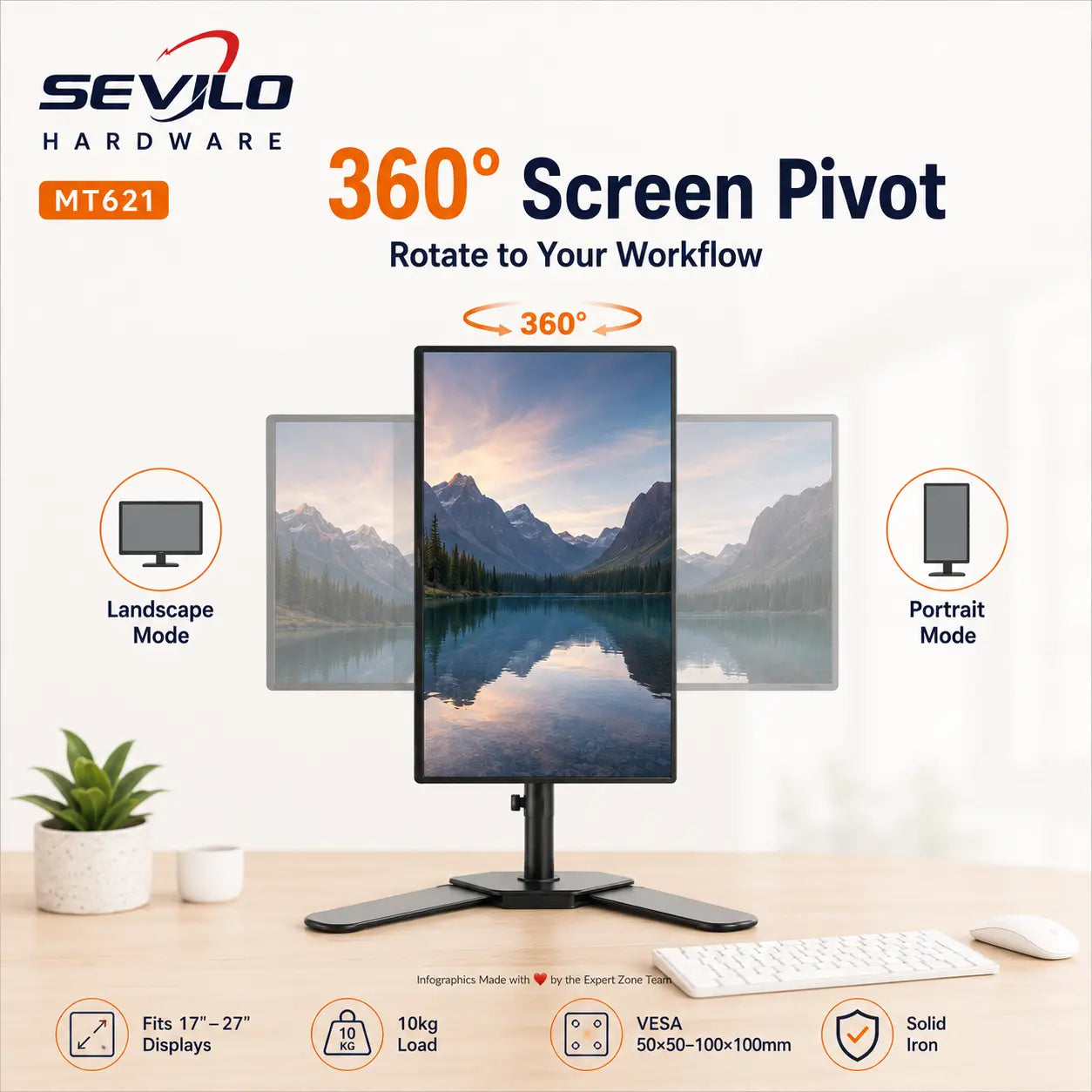 SEVILO HARDWARE Single Monitor Desktop Stand for 17–27 Inch Displays, 10kg Load, 180° Swivel, 360° Pivot, VESA 50×50–100×100mm, Iron