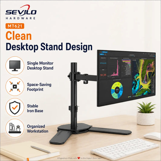 SEVILO HARDWARE Single Monitor Desktop Stand for 17–27 Inch Displays, 10kg Load, 180° Swivel, 360° Pivot, VESA 50×50–100×100mm, Iron