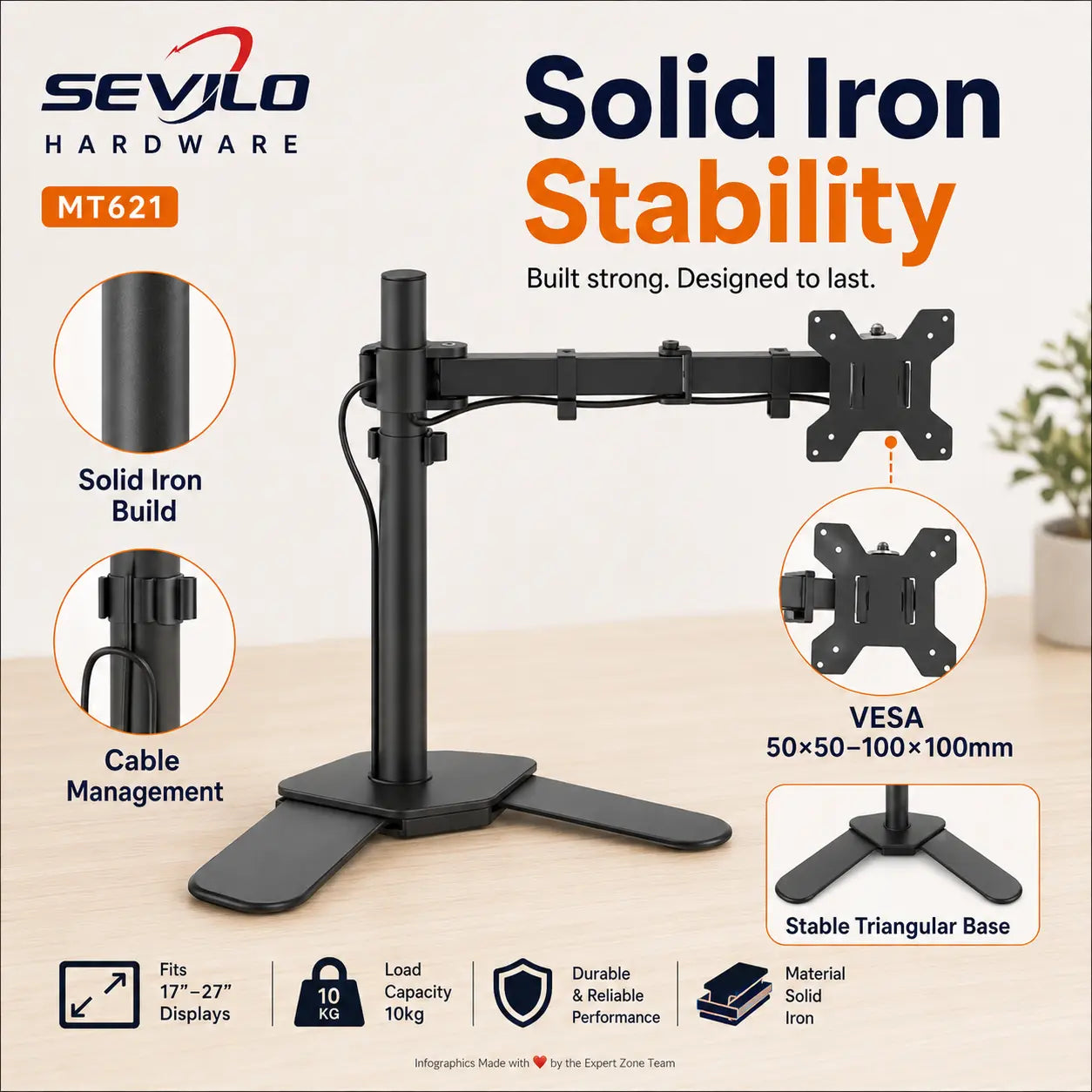 SEVILO HARDWARE Single Monitor Desktop Stand for 17–27 Inch Displays, 10kg Load, 180° Swivel, 360° Pivot, VESA 50×50–100×100mm, Iron