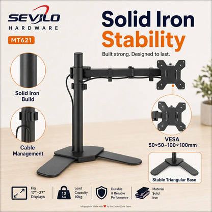 SEVILO HARDWARE Single Monitor Desktop Stand for 17–27 Inch Displays, 10kg Load, 180° Swivel, 360° Pivot, VESA 50×50–100×100mm, Iron
