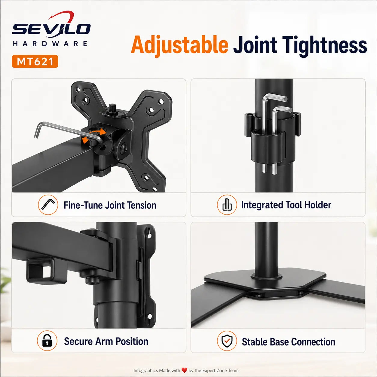 SEVILO HARDWARE Single Monitor Desktop Stand for 17–27 Inch Displays, 10kg Load, 180° Swivel, 360° Pivot, VESA 50×50–100×100mm, Iron