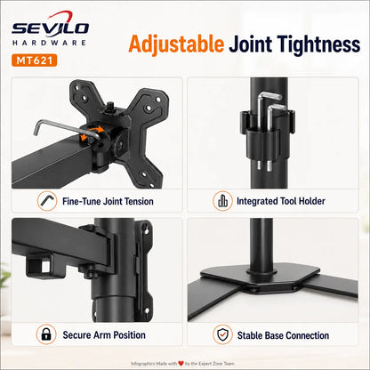 SEVILO HARDWARE Single Monitor Desktop Stand for 17–27 Inch Displays, 10kg Load, 180° Swivel, 360° Pivot, VESA 50×50–100×100mm, Iron