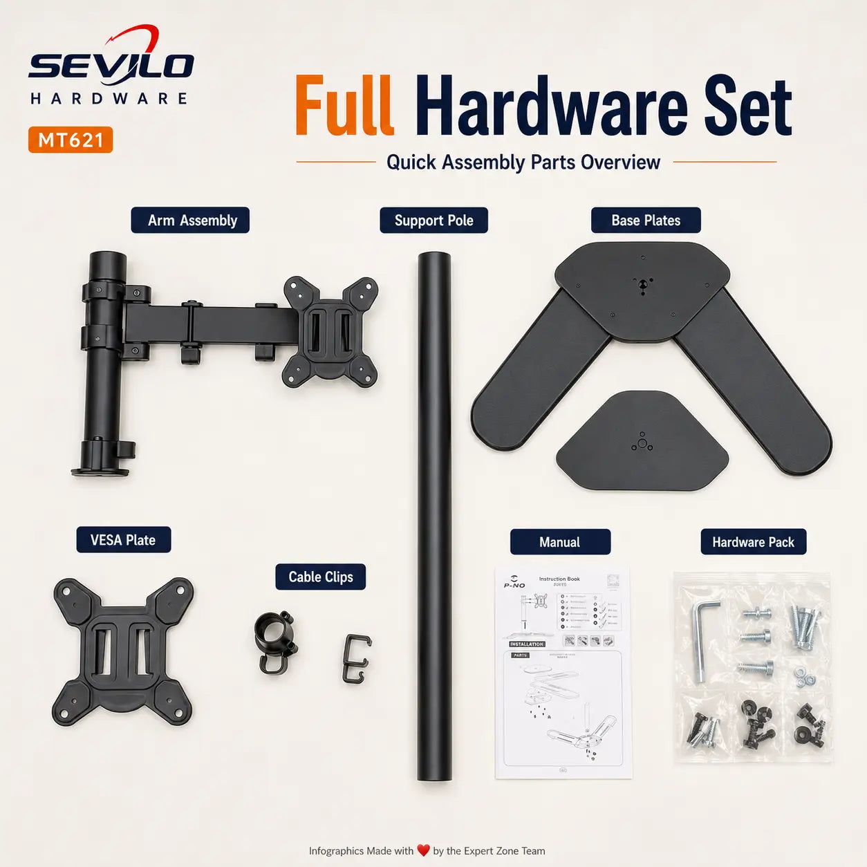 SEVILO HARDWARE Single Monitor Desktop Stand for 17–27 Inch Displays, 10kg Load, 180° Swivel, 360° Pivot, VESA 50×50–100×100mm, Iron