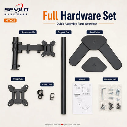 SEVILO HARDWARE Single Monitor Desktop Stand for 17–27 Inch Displays, 10kg Load, 180° Swivel, 360° Pivot, VESA 50×50–100×100mm, Iron