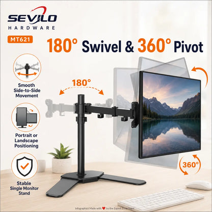 SEVILO HARDWARE Single Monitor Desktop Stand for 17–27 Inch Displays, 10kg Load, 180° Swivel, 360° Pivot, VESA 50×50–100×100mm, Iron