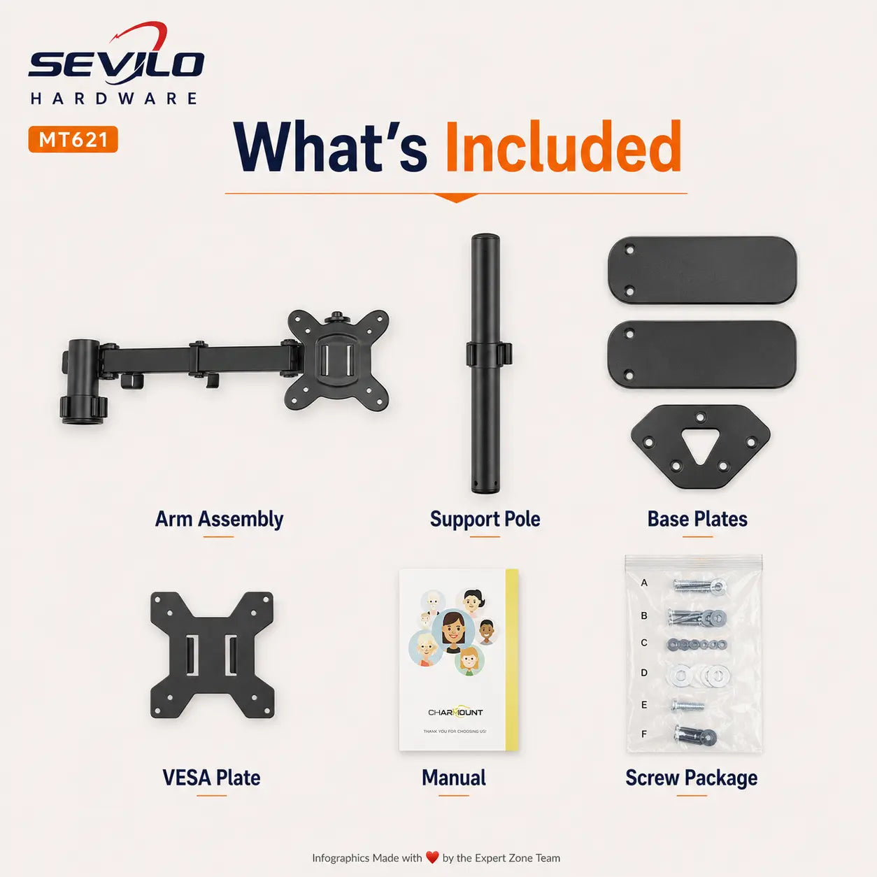 SEVILO HARDWARE Single Monitor Desktop Stand for 17–27 Inch Displays, 10kg Load, 180° Swivel, 360° Pivot, VESA 50×50–100×100mm, Iron